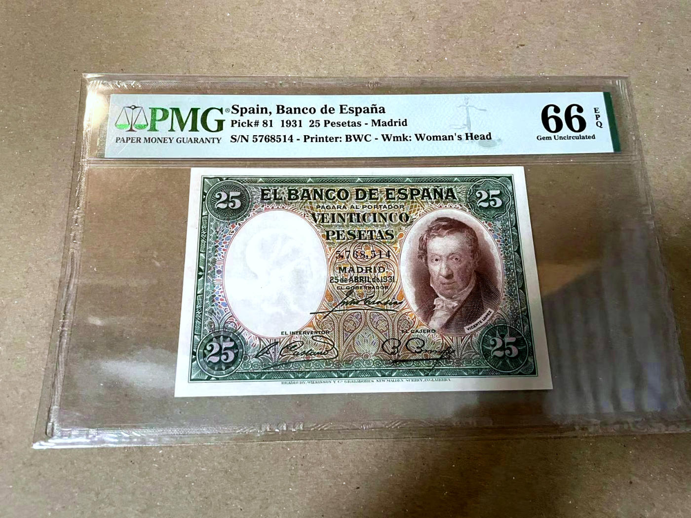 【Blue Auction】✨世界纸币精拍第477期——周日畅拍场 西班牙 1931年25比塞塔  PMG66EPQ 小天使