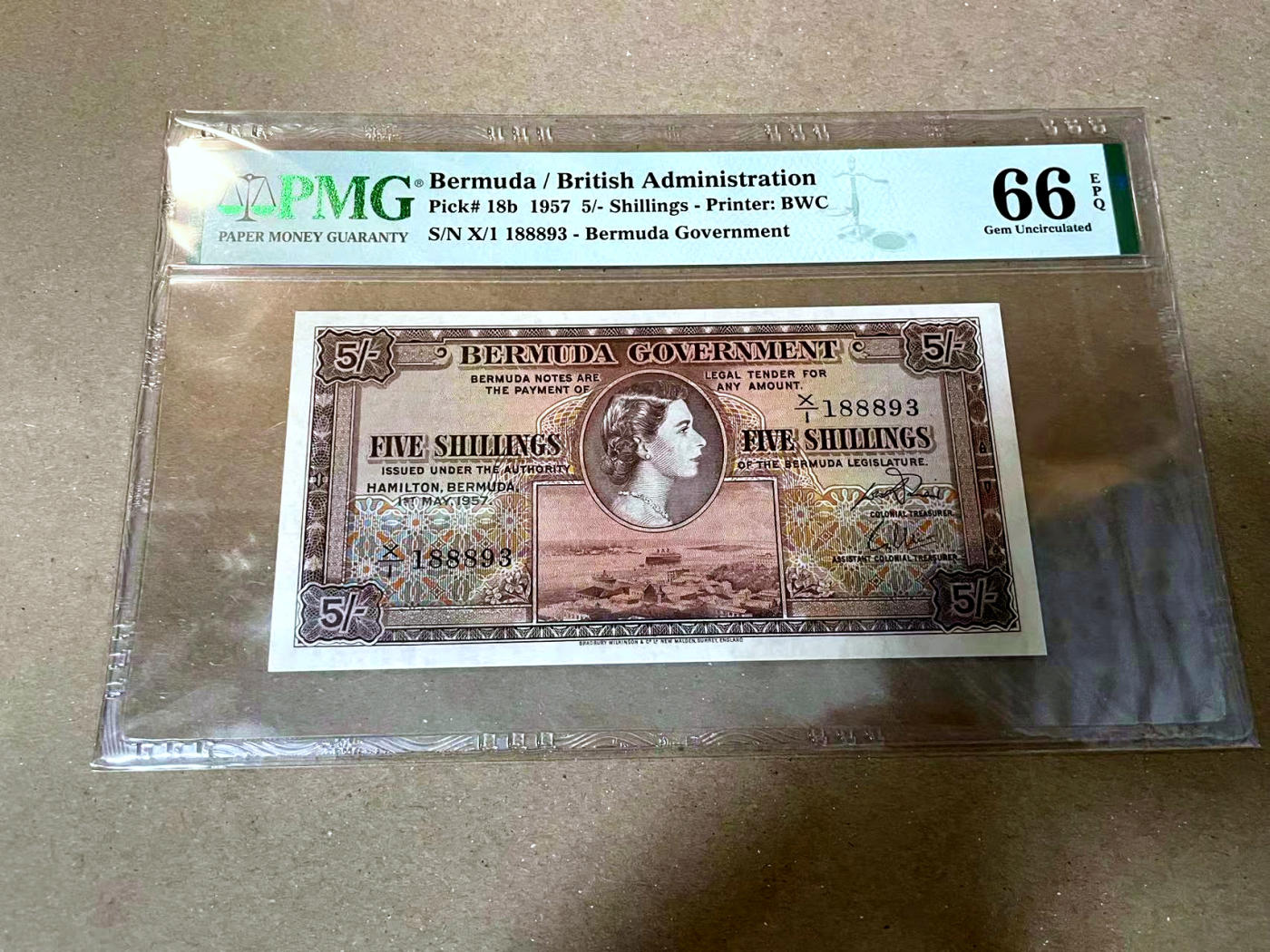 【Blue Auction】✨世界纸币精拍第477期——周日畅拍场 【X/1冠 无47】百慕大 1957年5先令 BWC出品 女王 PMG66EPQ 