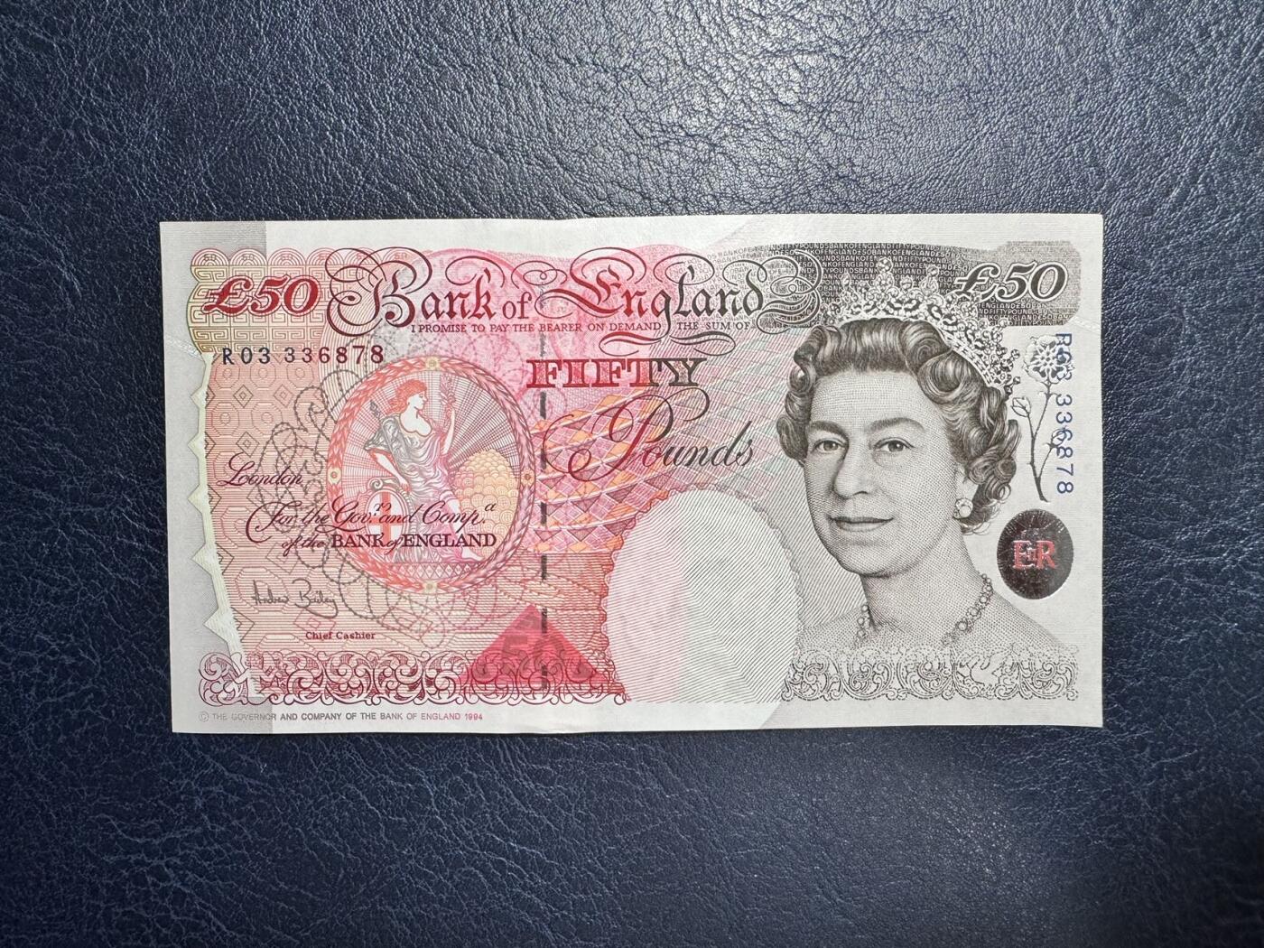 收藏联盟Quantum Auction 第346期拍卖  英国1994 (ND 2006)年50镑 品相UNC 角微瑕 号码全程无4 英格兰银行首任总裁 霍布伦