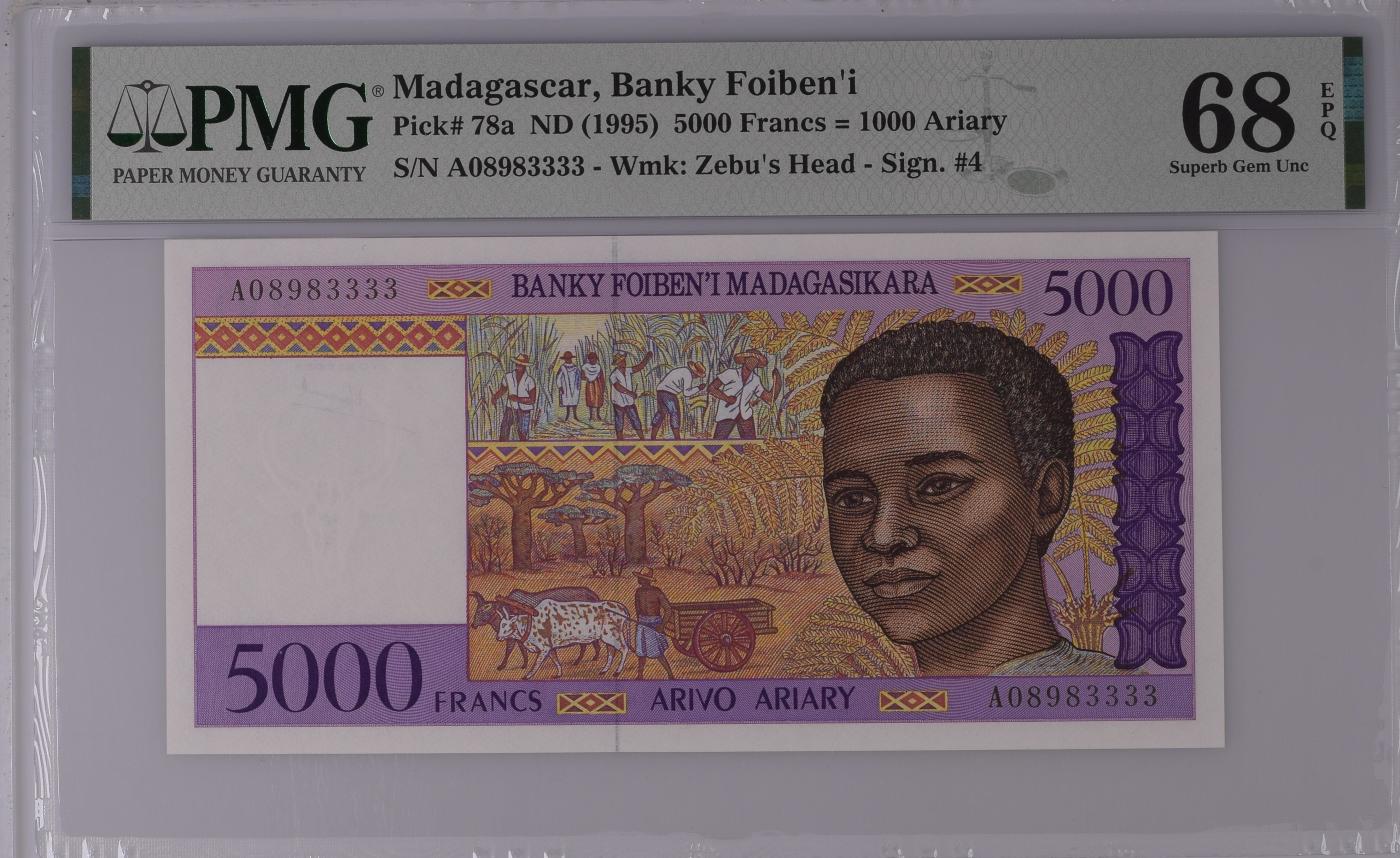 收藏联盟Quantum Auction 第346期拍卖  马达加斯加1995年5000 Francs = 1000 Ariary首发A冠狮子号3333  PMG68 号码无457