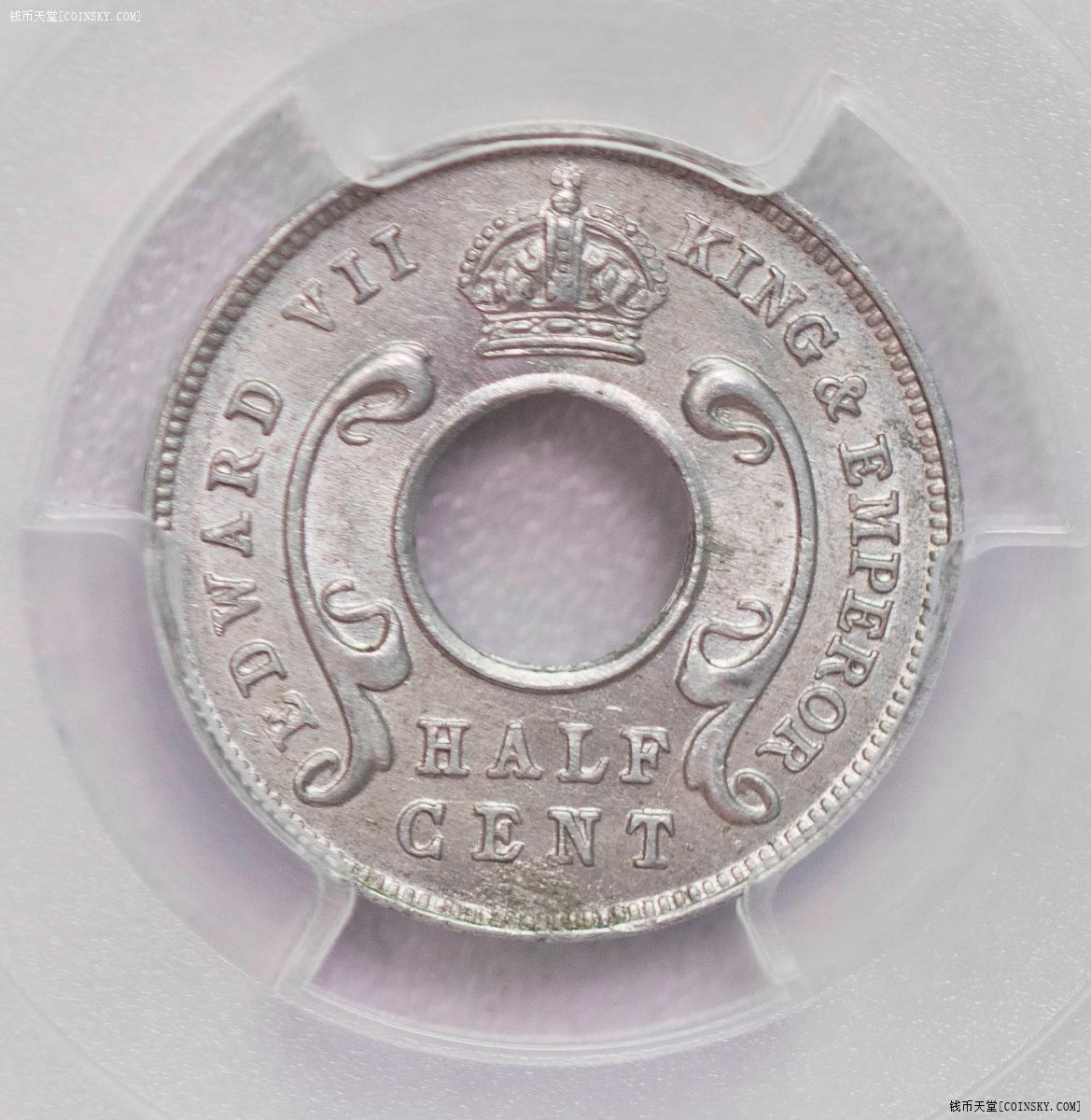 PCGS-MS62 1908东非保护地总筋半分铝币