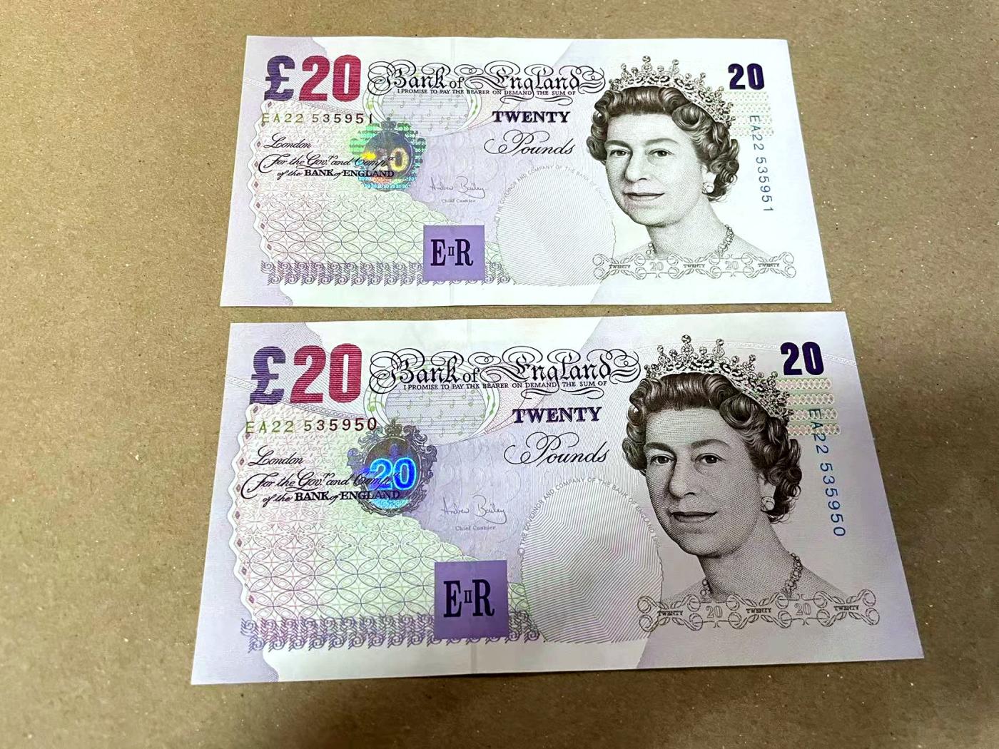 【Blue Auction】✨世界纸币精拍第477期——周日畅拍场 【一组2张无47连号】英国 E序列20镑 AU+