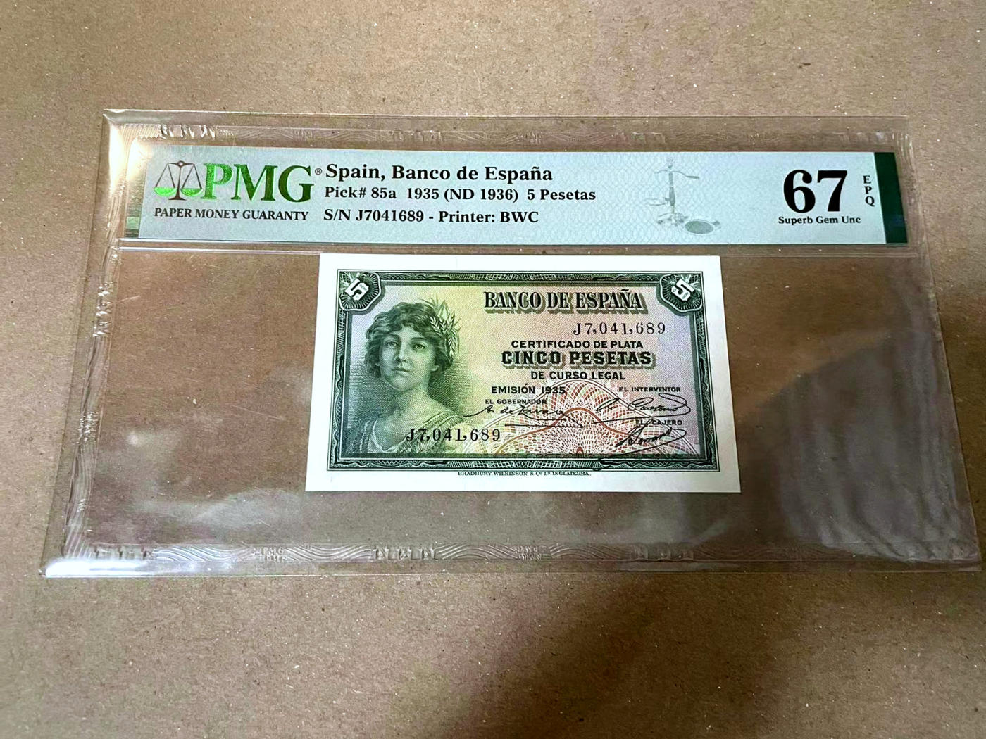 【Blue Auction】✨世界纸币精拍第477期——周日畅拍场 西班牙 1935年5比塞塔  PMG67EPQ 高分