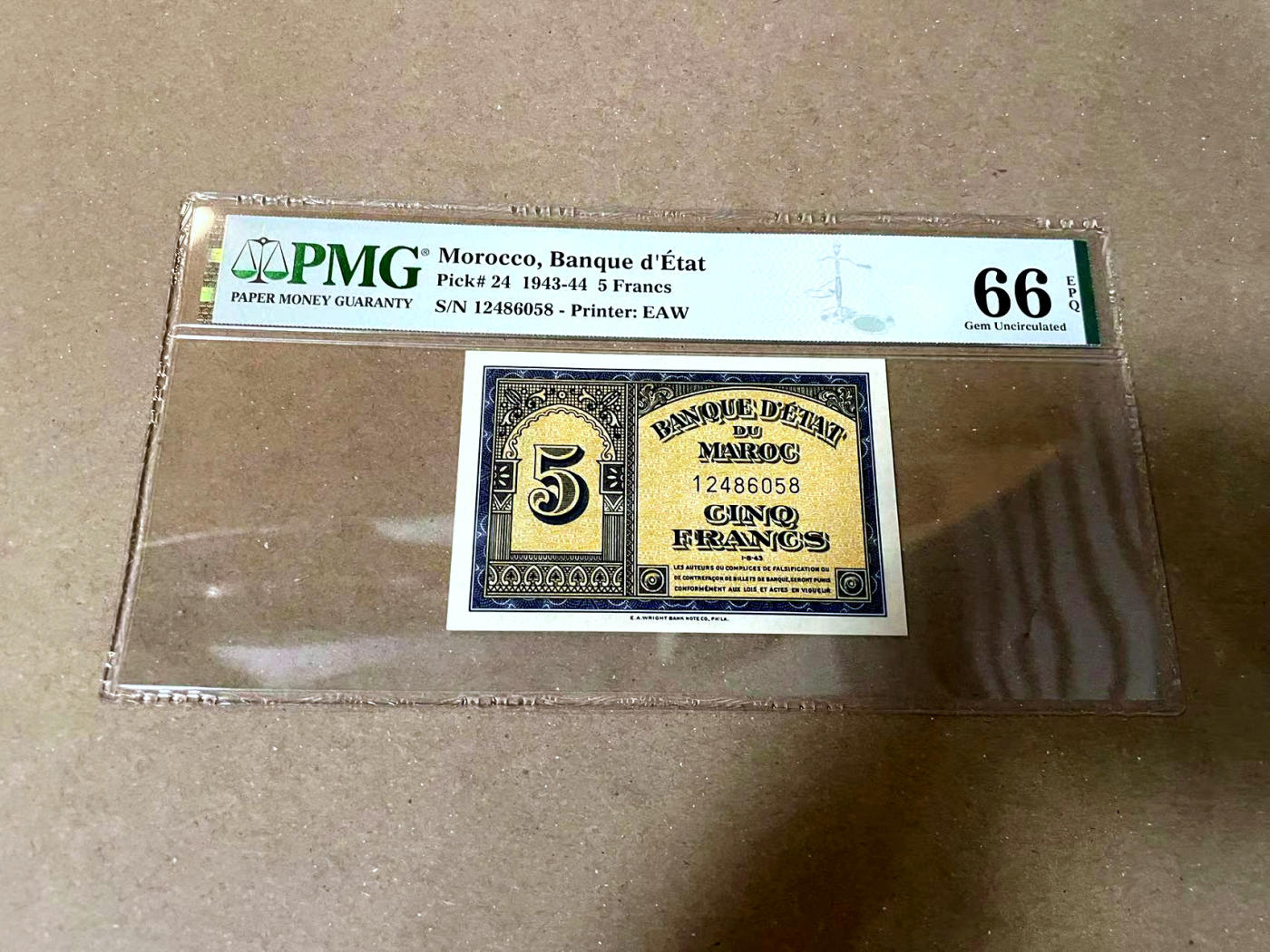 【Blue Auction】✨世界纸币精拍第477期——周日畅拍场 摩洛哥 1943-44年5法郎 PMG66EPQ 