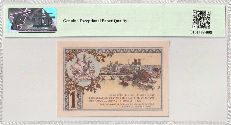 收藏联盟Quantum Auction 第346期拍卖  法国1920年1法郎  TQG66 GEPQ 稀少. 号码全程无4 背面为巴黎圣母院远瞰