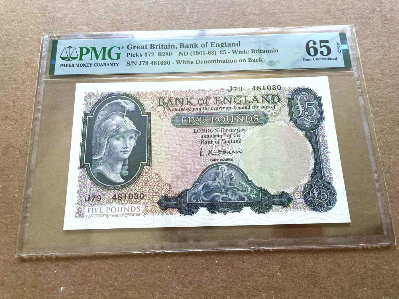【Blue Auction】✨世界纸币精拍第477期——周日畅拍场 英国B序列 1961-63年5镑 PMG65EPQ 