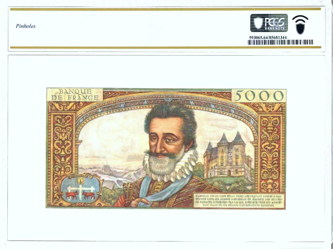 【Blue Auction】✨世界纸币精拍第477期——周日畅拍场  【未改值版本 顶级高分】法国 1957年5000法郎 PCGS64 亨利四世 精美 除针孔外状态佳