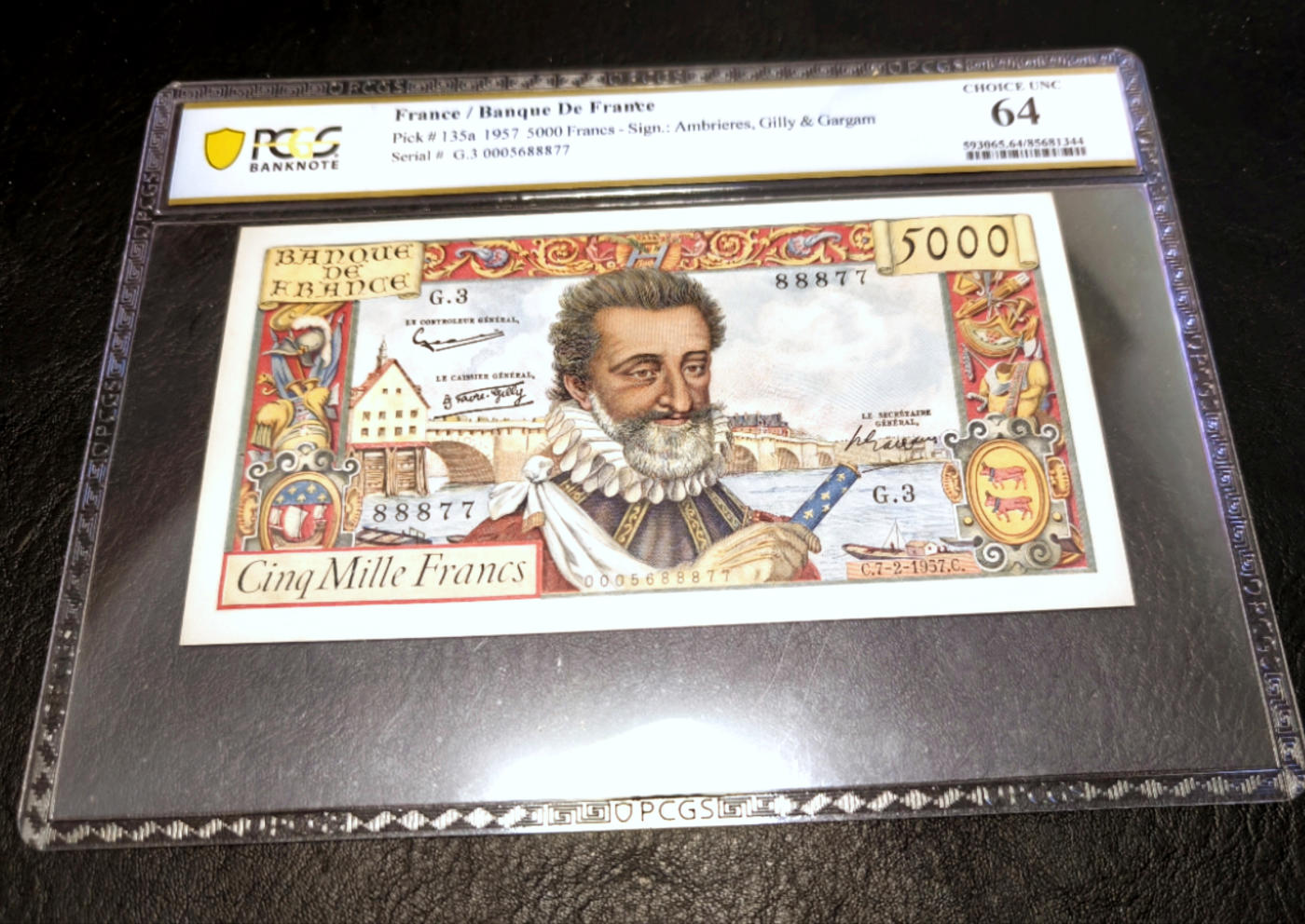 【Blue Auction】✨世界纸币精拍第477期——周日畅拍场  【未改值版本 顶级高分】法国 1957年5000法郎 PCGS64 亨利四世 精美 除针孔外状态佳