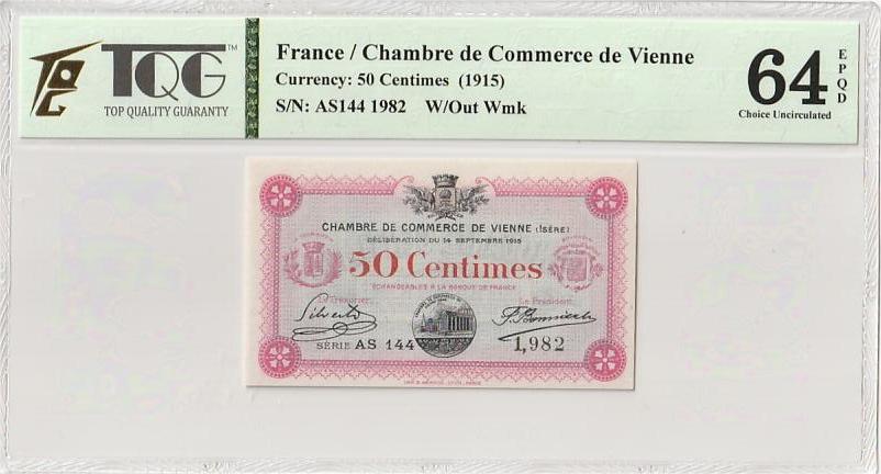 收藏联盟Quantum Auction 第346期拍卖  法国1915年50分 TQG64 EPQD 稀少