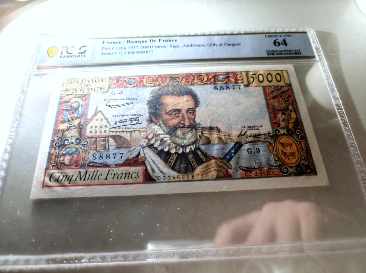 【Blue Auction】✨世界纸币精拍第477期——周日畅拍场  【未改值版本 顶级高分】法国 1957年5000法郎 PCGS64 亨利四世 精美 除针孔外状态佳