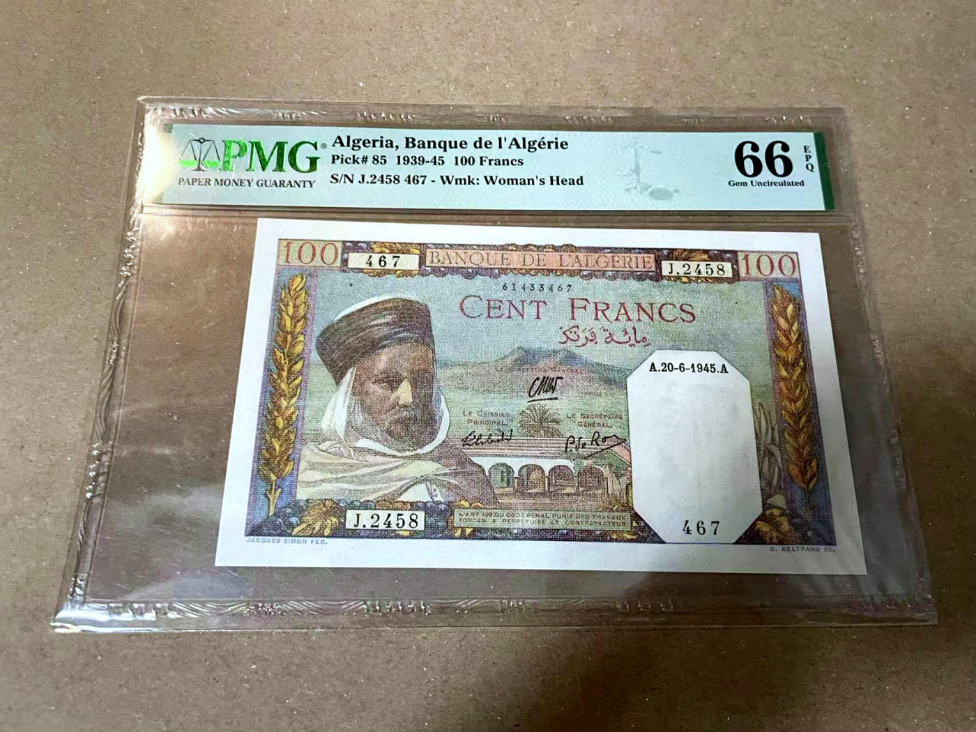 【Blue Auction】✨世界纸币精拍第477期——周日畅拍场 阿尔及利亚 1939-45年100法郎 PMG66EPQ 