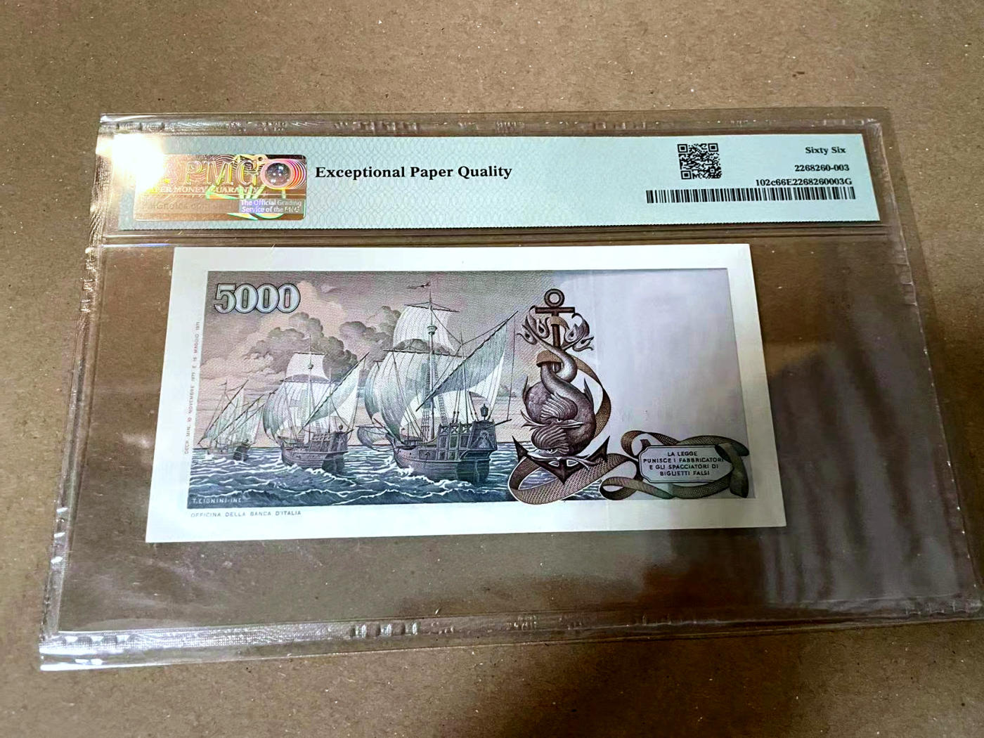 【Blue Auction】✨世界纸币精拍第477期——周日畅拍场 意大利 1977年5000里拉 哥伦布 PMG66EPQ 