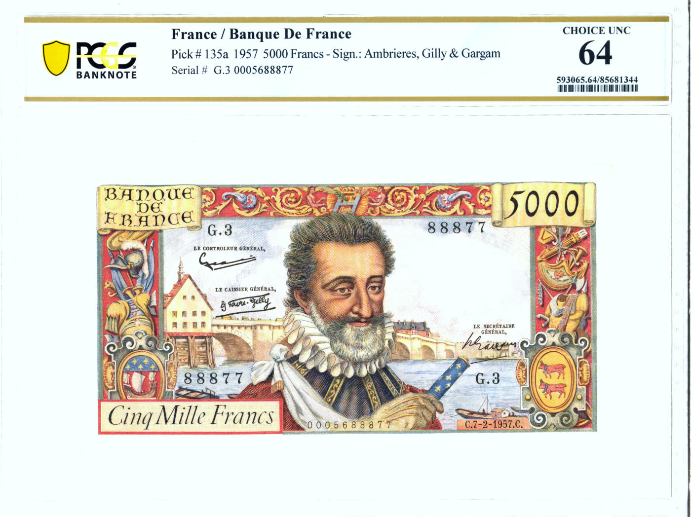 【Blue Auction】✨世界纸币精拍第477期——周日畅拍场  【未改值版本 顶级高分】法国 1957年5000法郎 PCGS64 亨利四世 精美 除针孔外状态佳