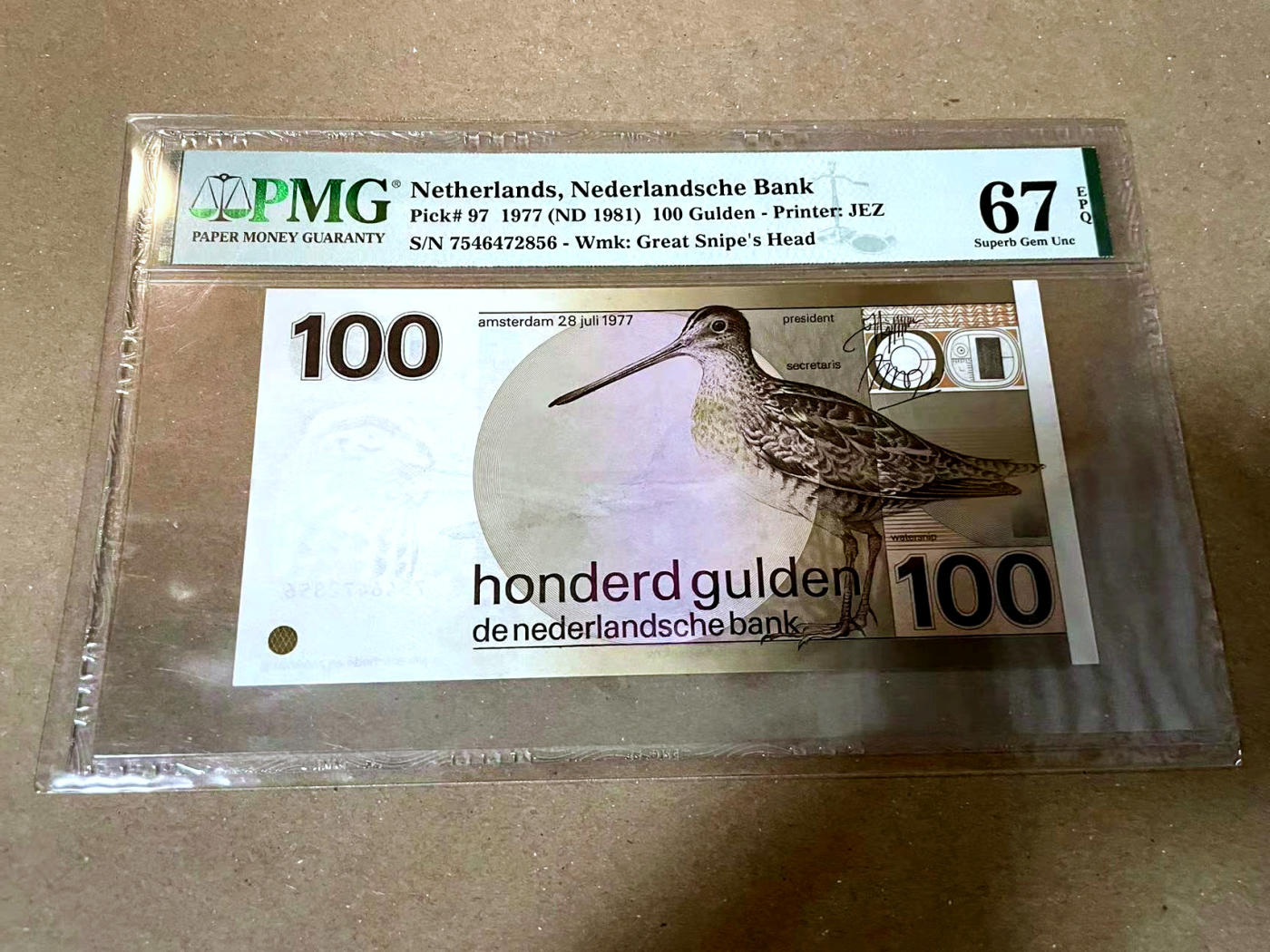 【Blue Auction】✨世界纸币精拍第477期——周日畅拍场 荷兰 1977年100盾 水鸟 PMG67EPQ 高分