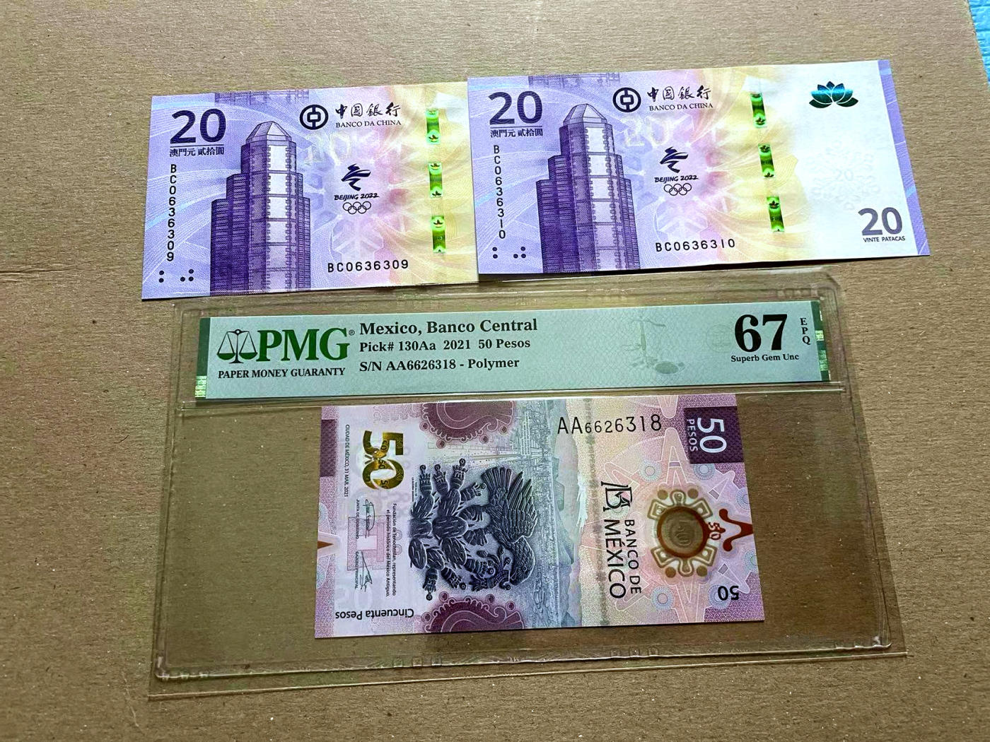 【Blue Auction】✨世界纸币精拍第478期【精】 【一组3张 均无47 含AA 获奖钞】墨西哥 2021年50比索 PMG67EPQ 高分&澳门 中银 2022年20元 冬奥纪念钞 全新UNC