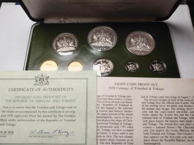 布加迪🐬～世界钱币🌾第 118 期 /  各国币及散币 - 特立尼达和多巴哥 1976年 2银4镍2铜 8枚精制套装币 包装和证书齐全