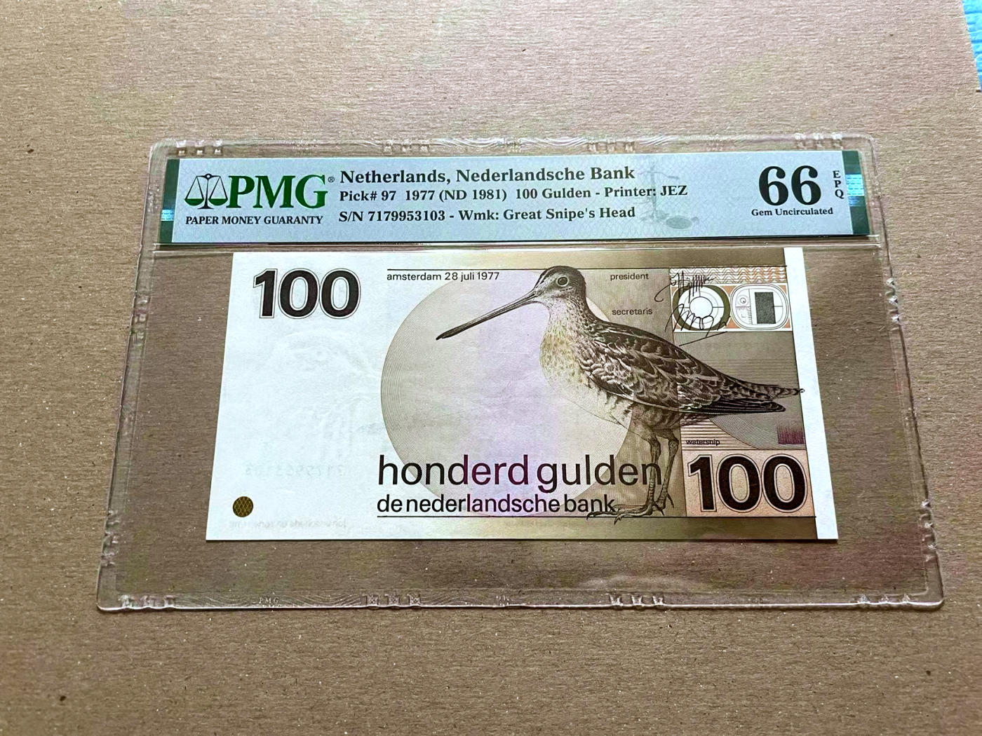 【Blue Auction】✨世界纸币精拍第478期【精】 荷兰 1977年100盾 水鸟 PMG66EPQ