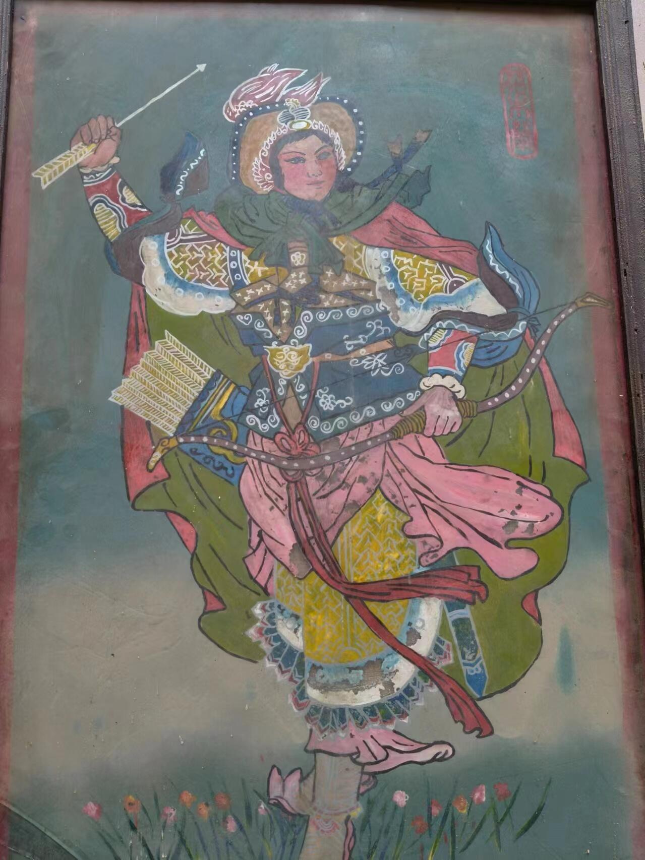 下乡收到，穆桂英手绘玻璃画，画工精美，神姿英武，左角有裂不影响收藏价值，包老包手绘