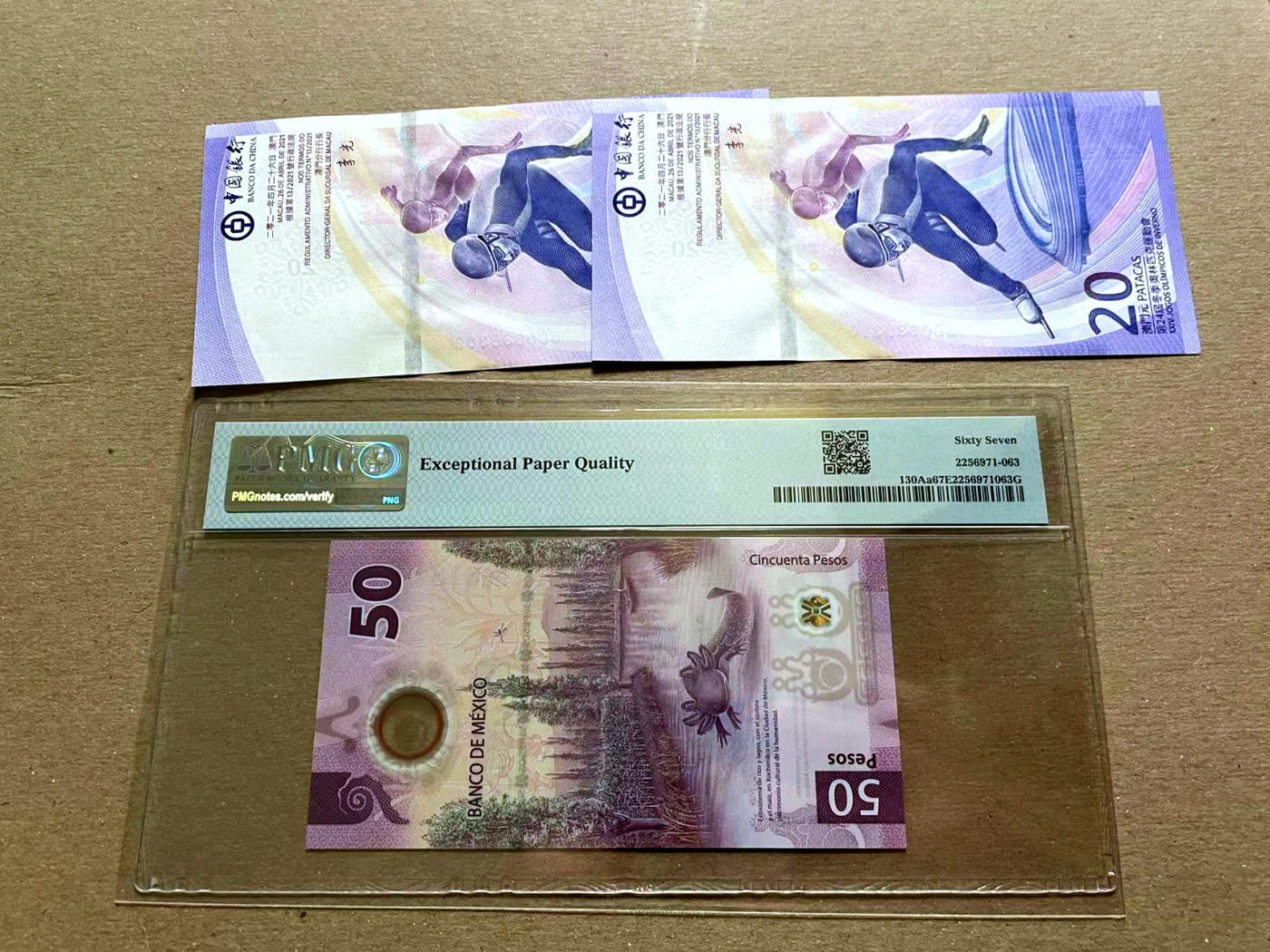 【Blue Auction】✨世界纸币精拍第478期【精】 【一组3张 均无47 含AA 获奖钞】墨西哥 2021年50比索 PMG67EPQ 高分&澳门 中银 2022年20元 冬奥纪念钞 全新UNC