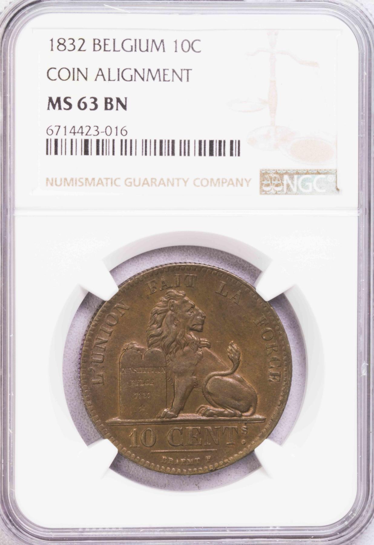 NGC-MS63BN 1832比利时狮子10分大铜币 首年版 最大面值