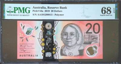 世界靓号纸钞第四十七期-全网唯一大猩猩68 - 2019年澳大利亚20元 首发AA冠 全程无347 PMG68 超高分