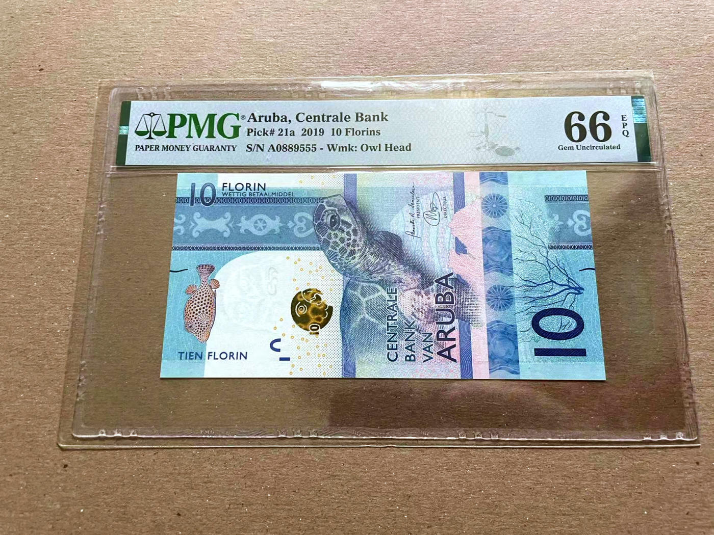 【Blue Auction】✨世界纸币精拍第478期【精】 【555豹子号无47】阿鲁巴 2019年10弗罗林 PMG66EPQ  