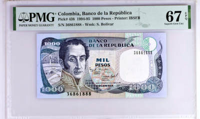 【Blue Auction】✨世界纸币精拍第478期【精】 - 【888豹子号无47】哥伦比亚 1994-95年1000比索 PMG67EPQ 高分 