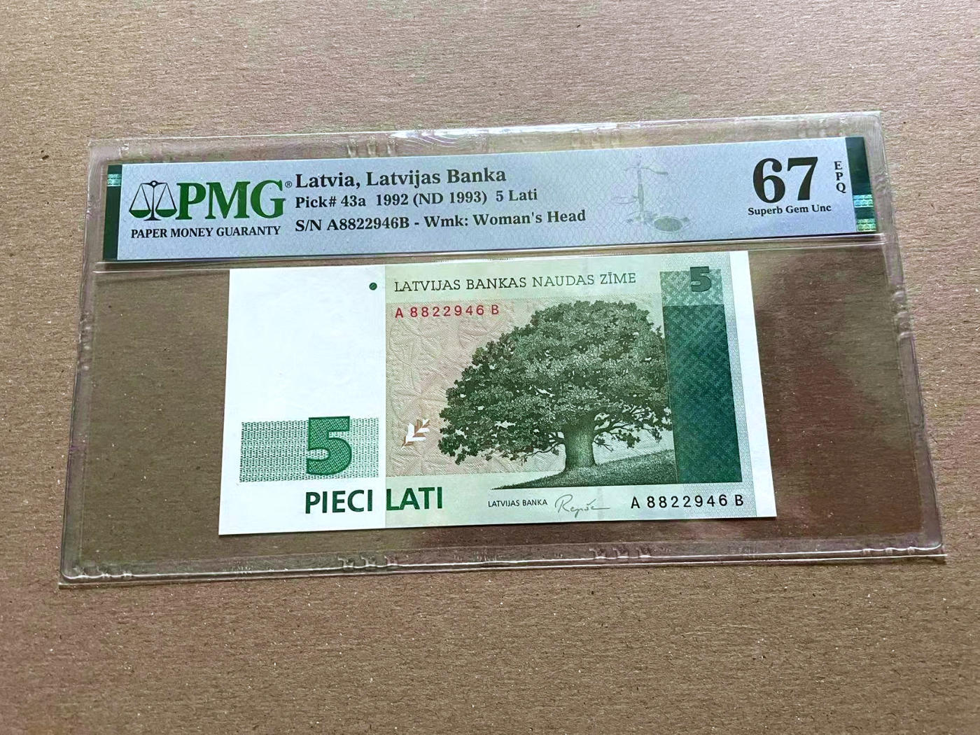 【Blue Auction】✨世界纸币精拍第478期【精】 拉脱维亚 1992年5Lati  PMG67EPQ 高分