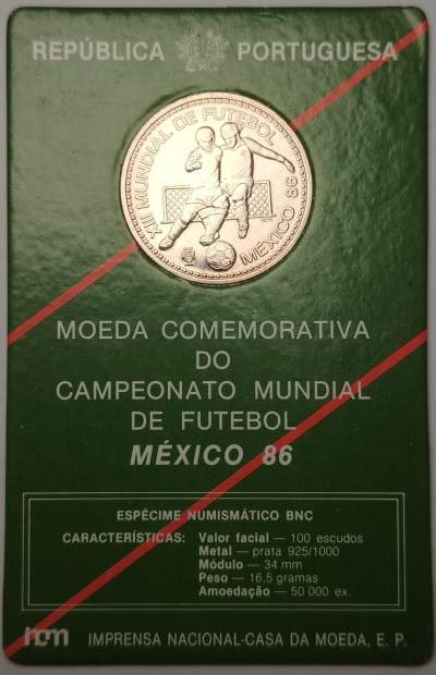 布加迪🐬～世界钱币🌾第 118 期 /  各国🇫🇷🇨🇦🇯🇵🇬🇧🇨🇴🇵🇦套币及银币 - 葡萄牙🇵🇹 1986年 100艾斯库多 墨西哥世界杯纪念