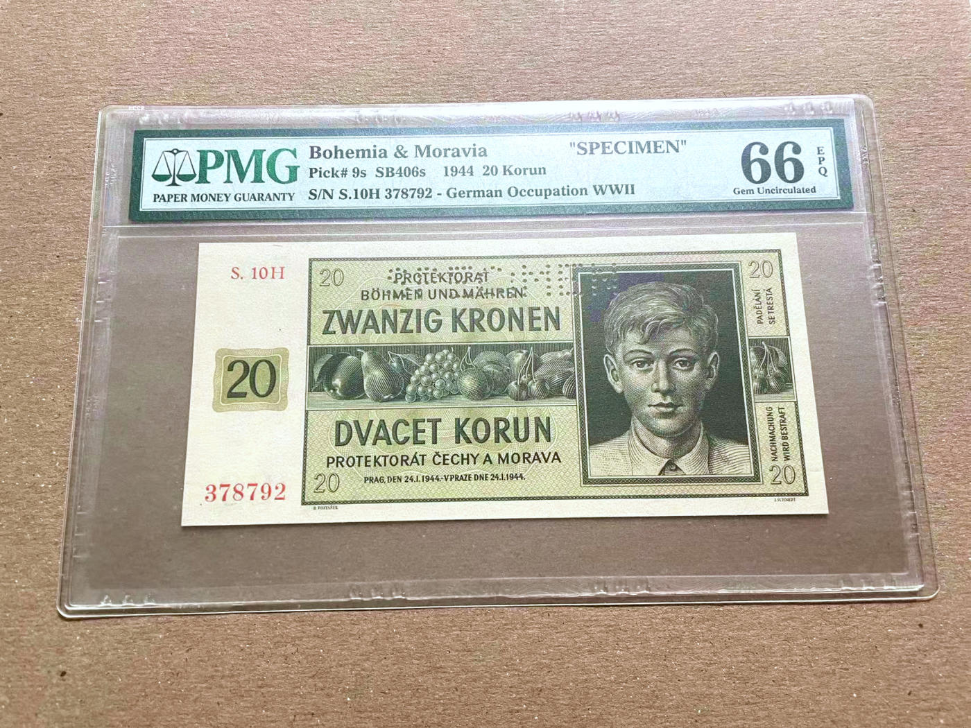 【Blue Auction】✨世界纸币精拍第478期【精】 波西米亚 1944年20克朗 PMG66EPQ 样钞