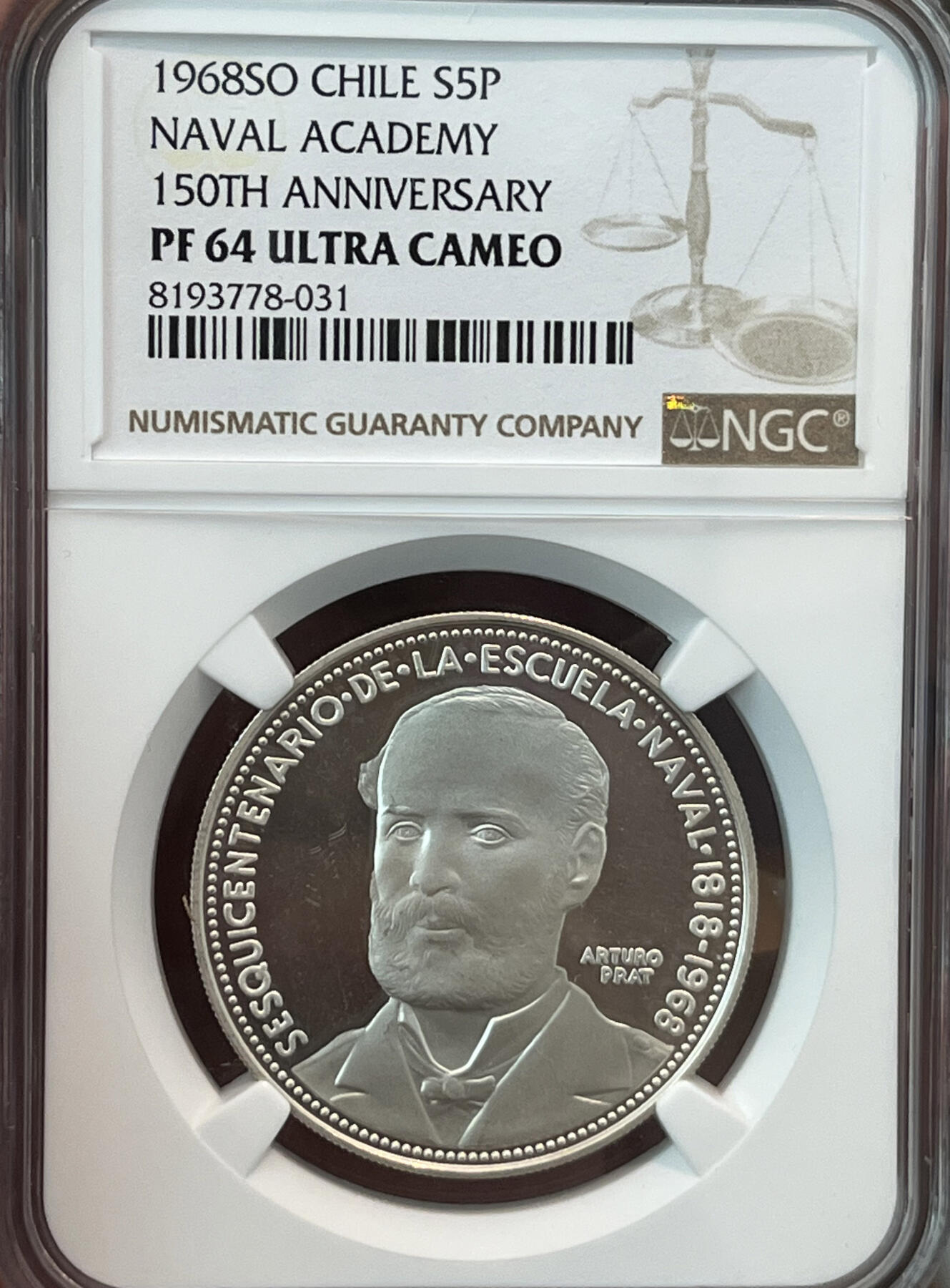 NGC-PF64UC 1986智利5比索银币 现代该国第一枚纪念银币