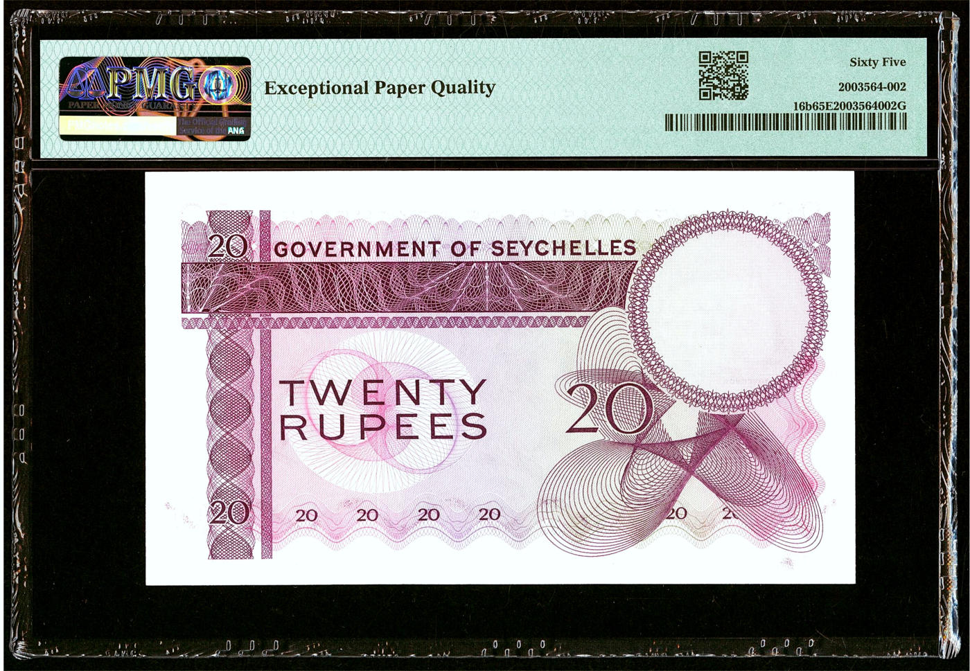 【Blue Auction】✨世界纸币精拍第478期【精】 【A1冠 “POOP” NOTE】塞舌尔 1974年20卢比 PMG65EPQ 戎装女王 颜色及设计非常漂亮