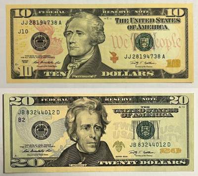 【礼羽收藏】🌏世界钱币拍卖第38期 - 2009年 10美元+20美元 联邦储备券 彩色版 一套两张