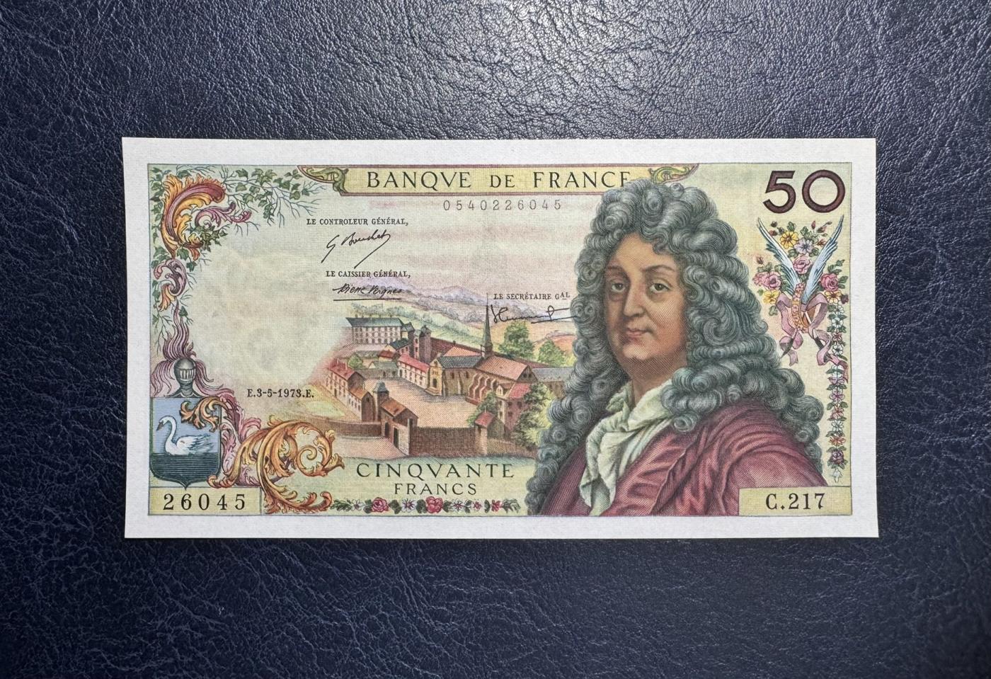 收藏联盟Quantum Auction 第346期拍卖  法国1973年50法郎 品相UNC-  有针孔 剧作家 拉辛
