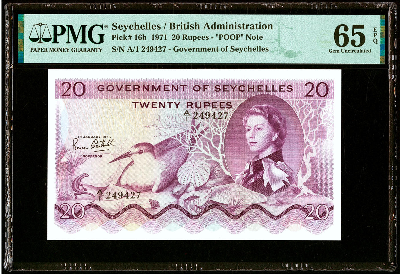 【Blue Auction】✨世界纸币精拍第478期【精】 【A1冠 “POOP” NOTE】塞舌尔 1974年20卢比 PMG65EPQ 戎装女王 颜色及设计非常漂亮