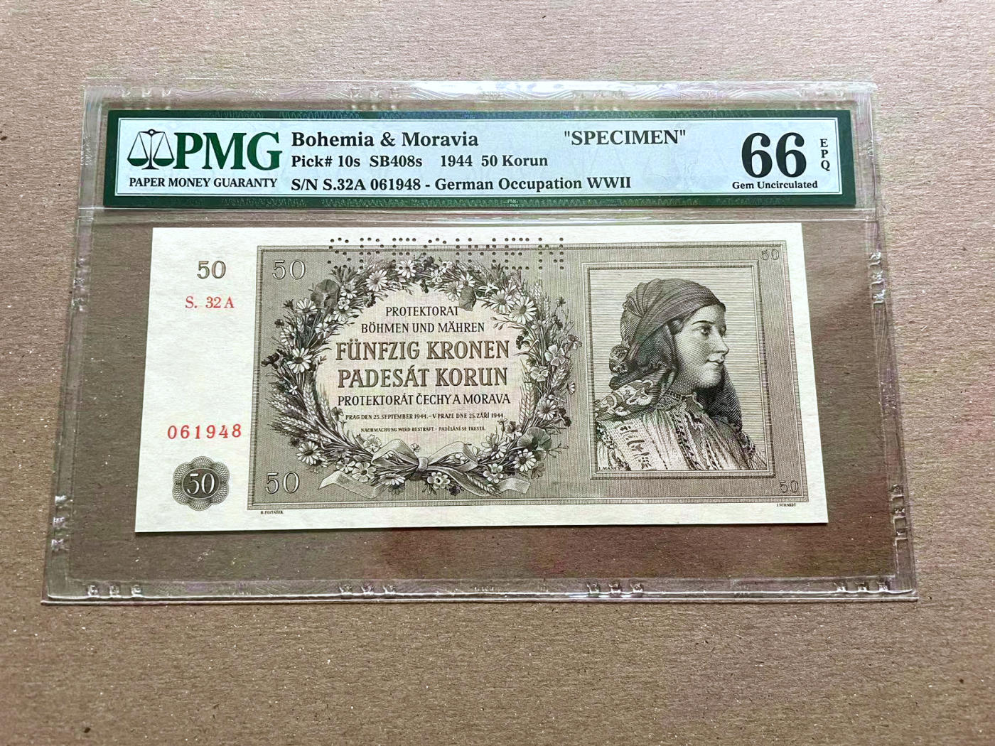 【Blue Auction】✨世界纸币精拍第478期【精】 波西米亚 1944年50克朗 PMG66EPQ 样钞