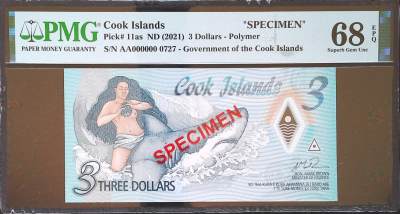 世界靓号纸钞第四十七期-全网唯一大猩猩68 - 2021年库克群岛3元 稀少样票 PMG68 超高分