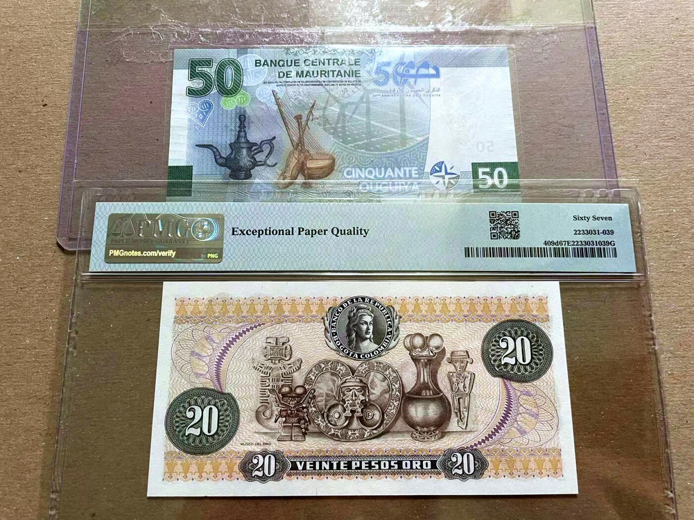 【Blue Auction】✨世界纸币精拍第478期【精】 【一组2张】哥伦比亚 1979-83年20比索 PMG67EPQ&毛里塔尼亚 50乌吉亚 倒置号 全新UNC