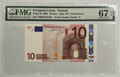 【礼羽收藏】🌏世界钱币拍卖第38期 - 一签 10欧元 爱尔兰版（稀少国别版本 T）号码无4 PMG严格评级 67EPQ