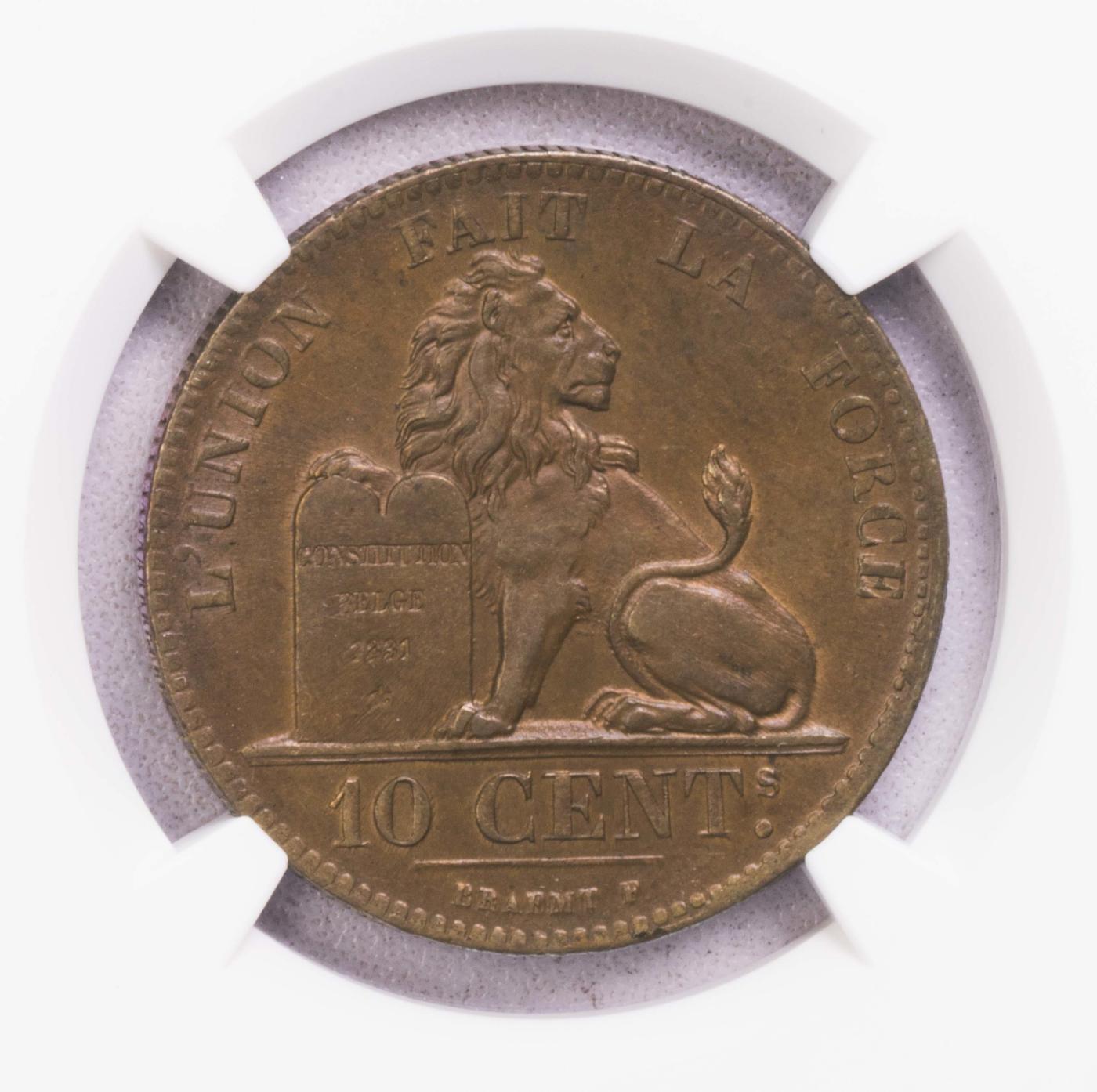 NGC-MS63BN 1832比利时狮子10分大铜币 首年版 最大面值