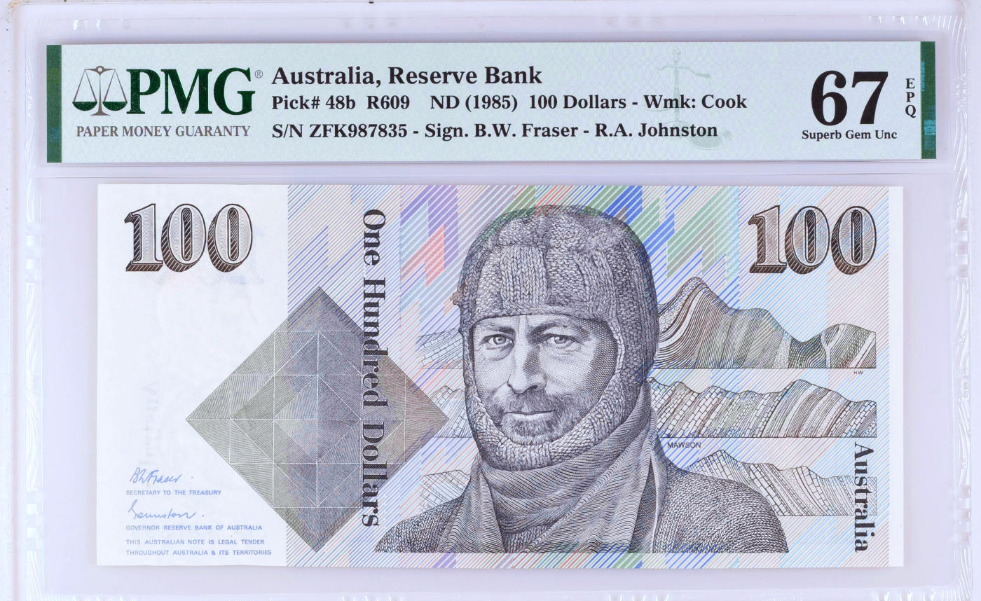 【Blue Auction】✨世界纸币精拍第478期【精】 【冠军分】澳大利亚 1985年100元 经典毛线帽子 雕刻精美 PMG67EPQ 高分