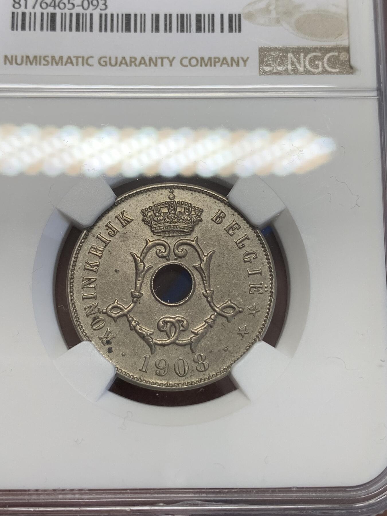 《竞宝斋》第269场- 周日，周一，周二  3场连拍 （全场包邮） NGC MS63 比利时1908年利奥波德二世25美分铜镍