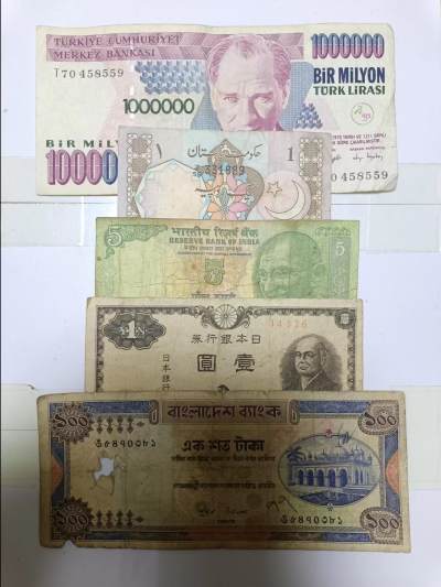 【20230523】非全新纸币第138场 - 亚洲国家5张纸币，有字迹和破口