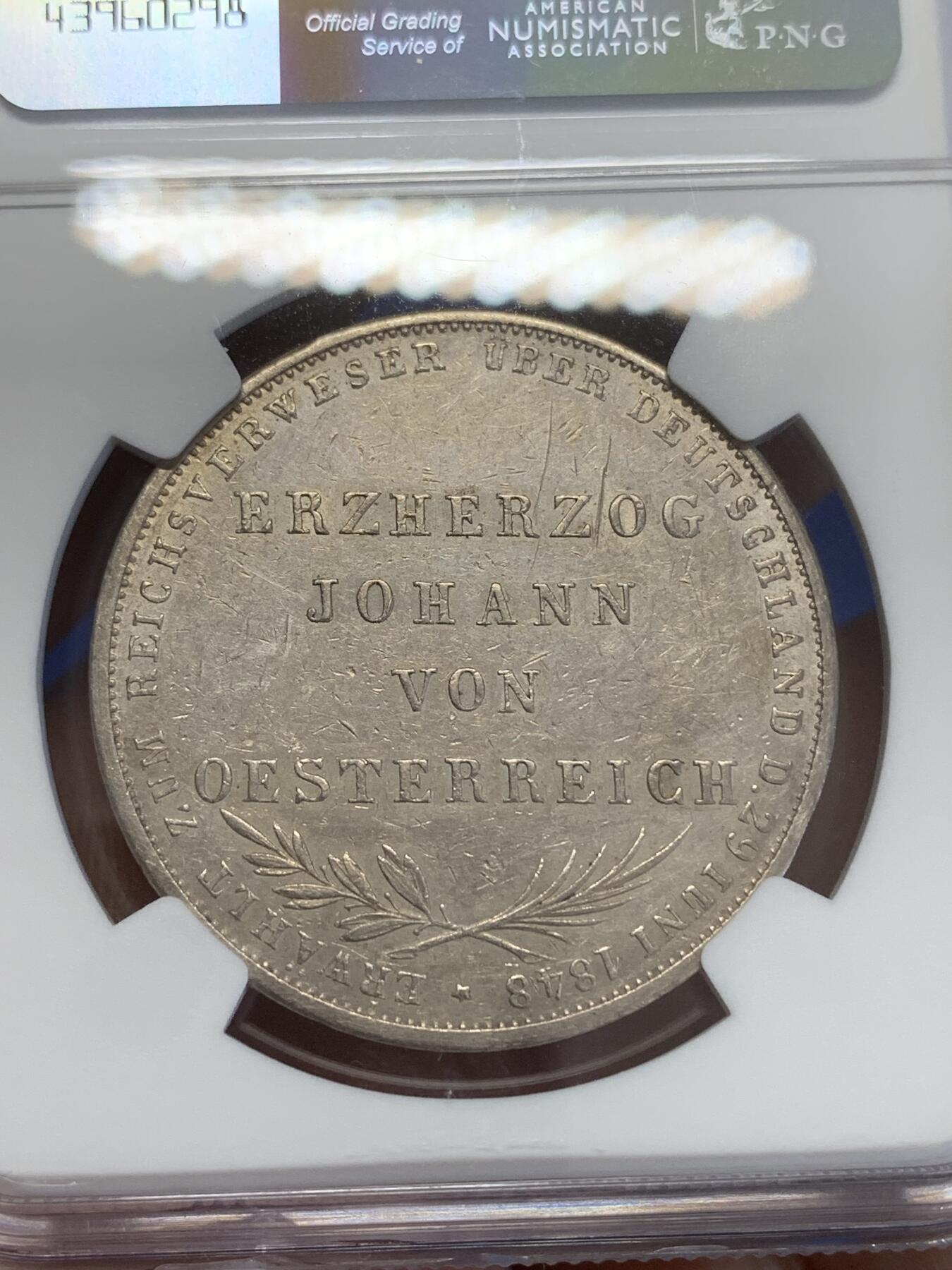 《竞宝斋》第269场- 周日，周一，周二  3场连拍 （全场包邮） NGC AUD 德国1848年法兰克福双头鹰2盾银币