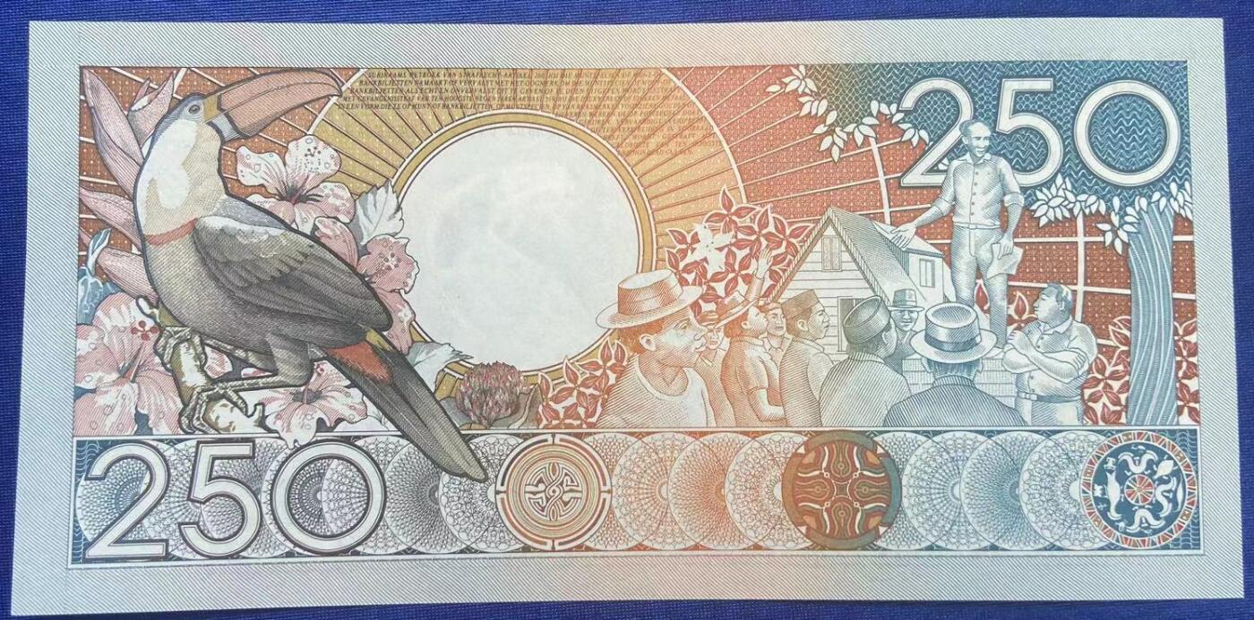 【炜奕收藏】世界精选纸币裸钞专场 1988年苏里南250盾，UNC品相，AA冠，号码无47尾58