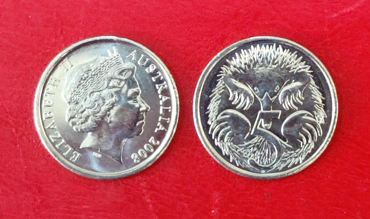 包拆全新澳大利亚5分硬币 2008年 19.41mm 