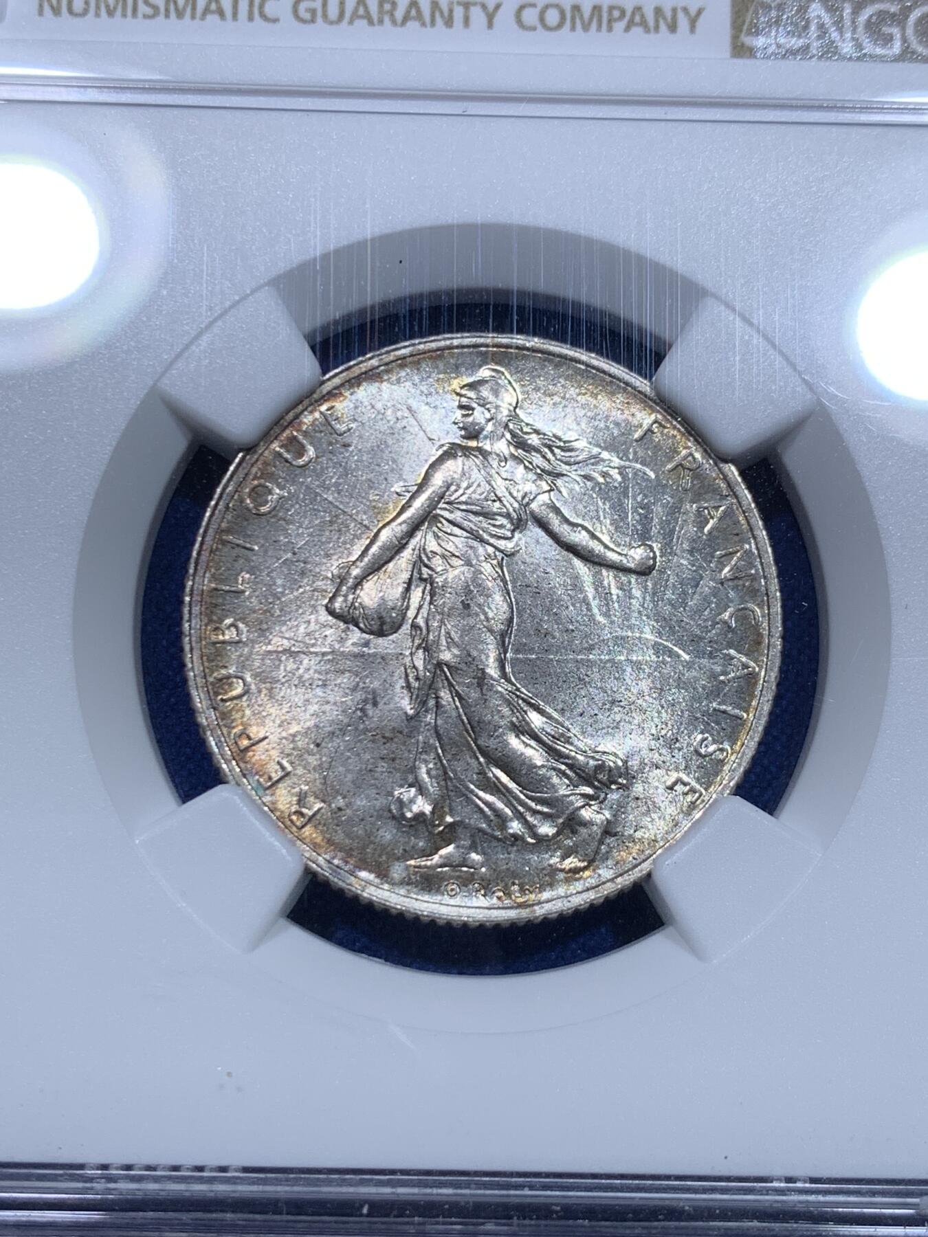 《竞宝斋》第269场- 周日，周一，周二  3场连拍 （全场包邮） NGC MS62 法国1917年播种女神2法郎银币