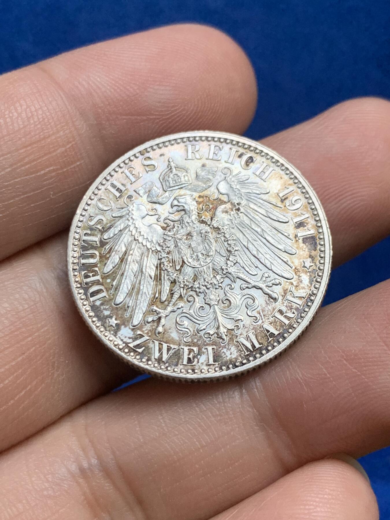 《竞宝斋》第269场- 周日，周一，周二  3场连拍 （全场包邮） 1911年 德国摄政王 2马克 银币 原味重彩包浆