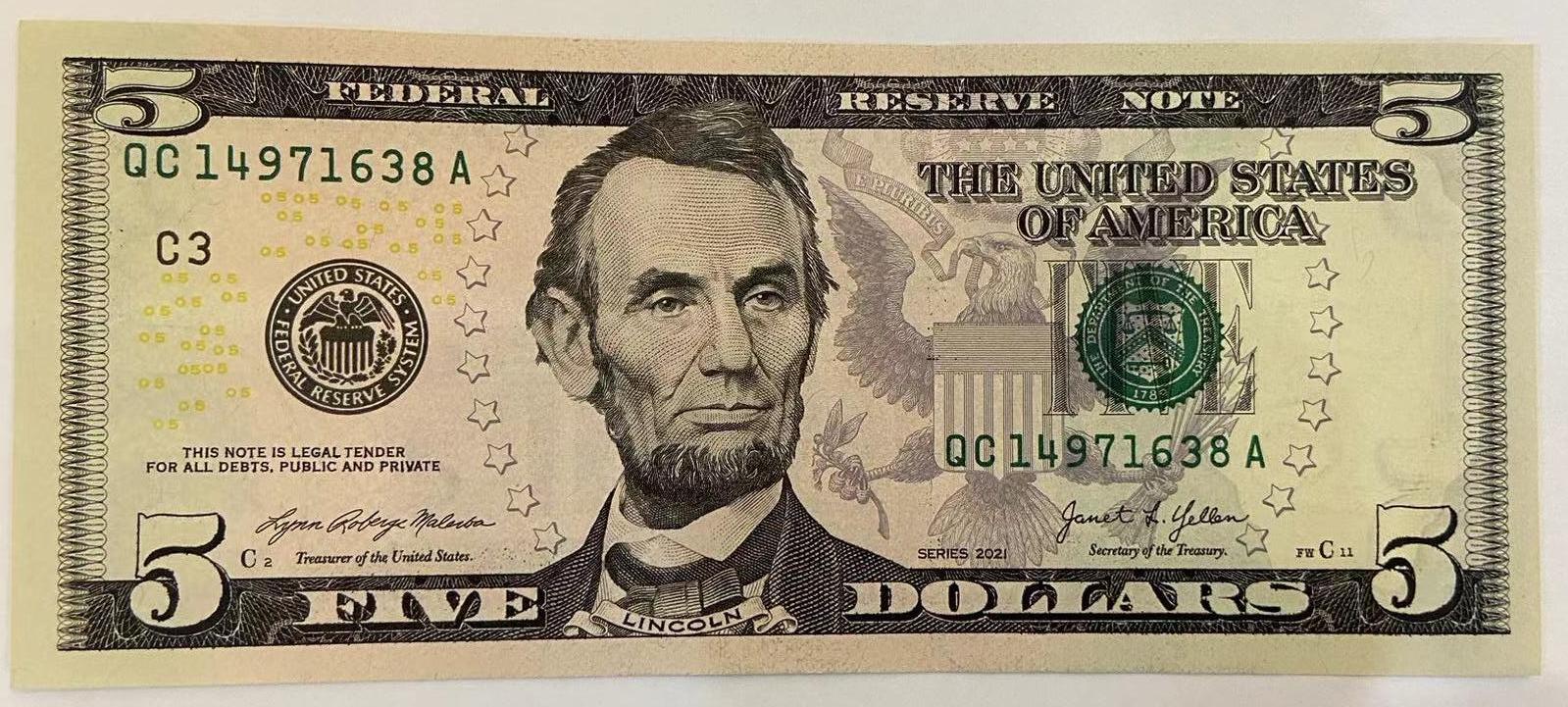 【炜奕收藏】世界精选纸币裸钞专场 2021年美国5美元，UNC-品相，尾8