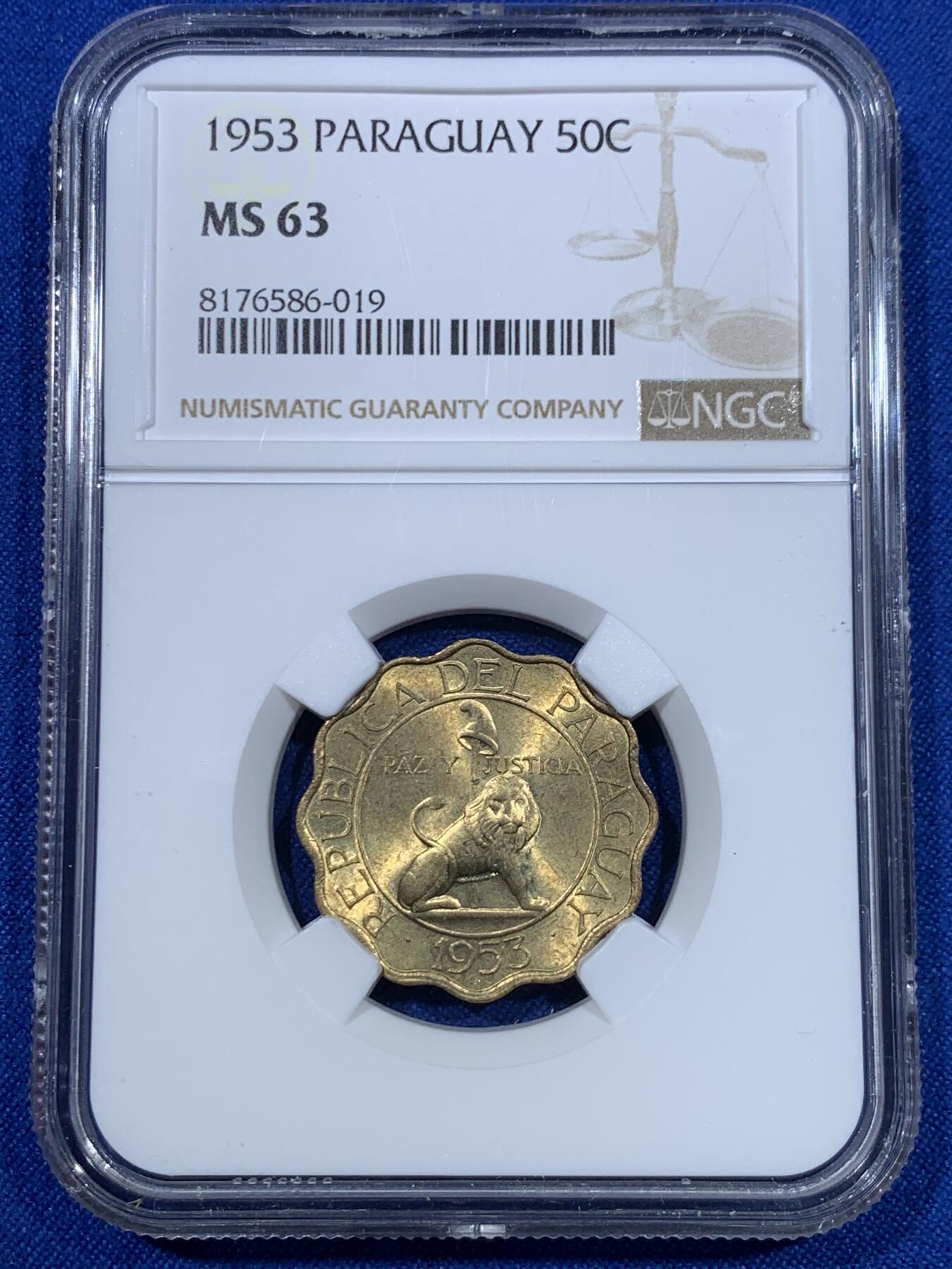 《竞宝斋》第269场- 周日，周一，周二  3场连拍 （全场包邮） 两枚一组 NGC MS64/MS63 巴拉圭1953年铜币 10分+50分